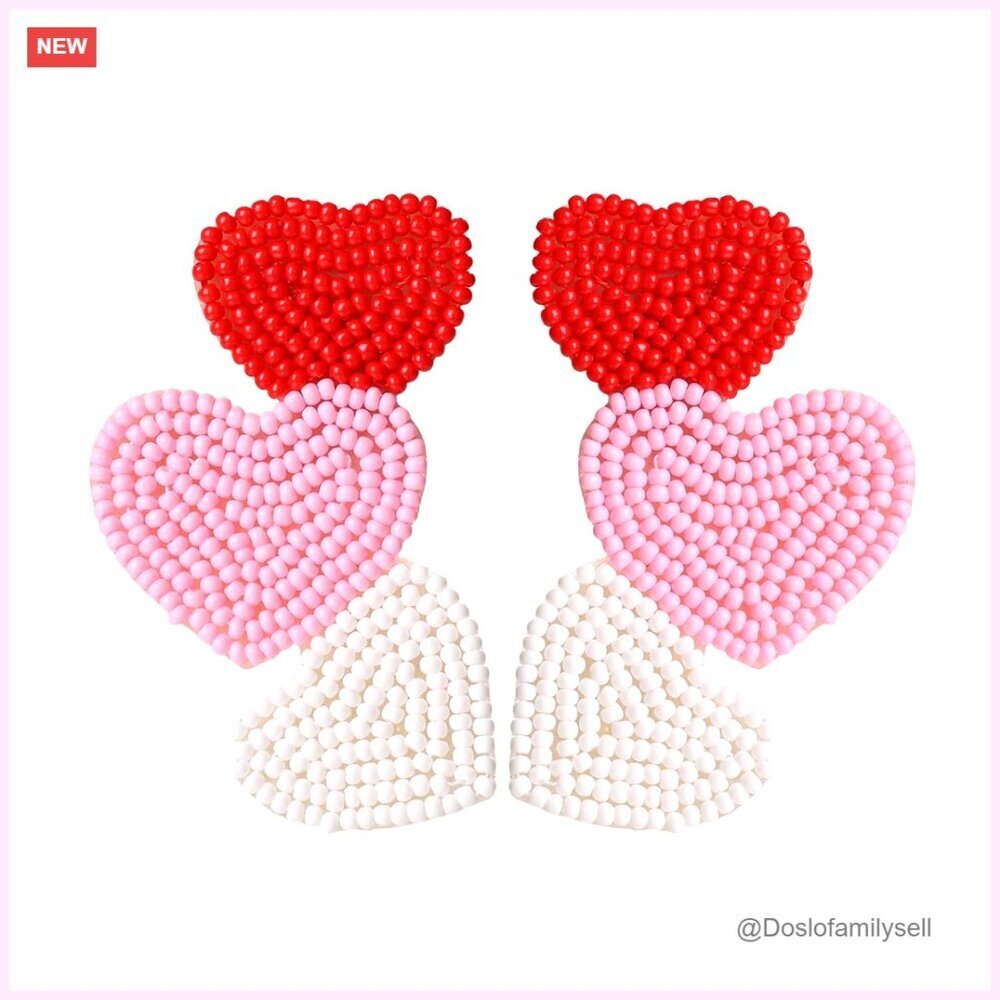 Red Heart XO Beaded Dangle Earrings Handmade Hypoallergenic Romantic